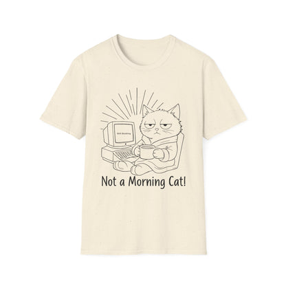 Not A Morning Cat Still Booting T-Shirt -  Sleepy Cartoon Cat in Robe with Coffee Mug and A Computer In the Morning  Design