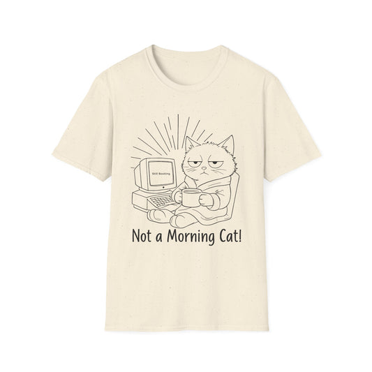 Not A Morning Cat Still Booting T-Shirt -  Sleepy Cartoon Cat in Robe with Coffee Mug and A Computer In the Morning  Design