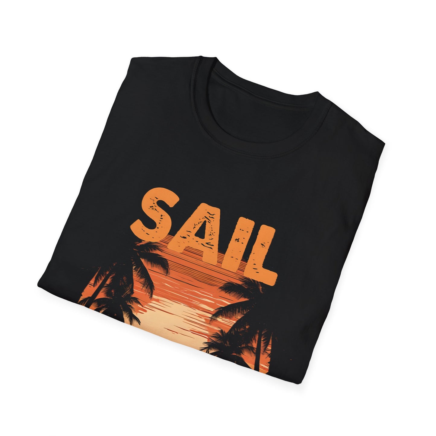 Sail Into Yesterday - Vintage Beach With Silhouetted Boat and Palm Trees T-Shirt