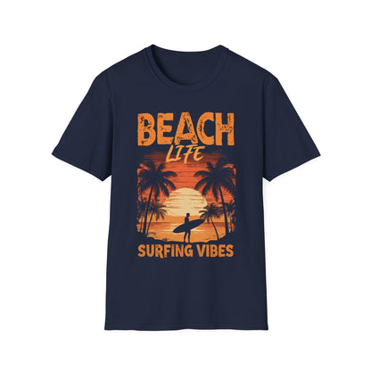 Beach Life Surfing Vibes - Vintage Beach With Silhouetted Surfer and Palm Trees T-Shirt
