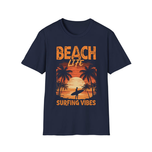 Beach Life Surfing Vibes - Vintage Beach With Silhouetted Surfer and Palm Trees T-Shirt