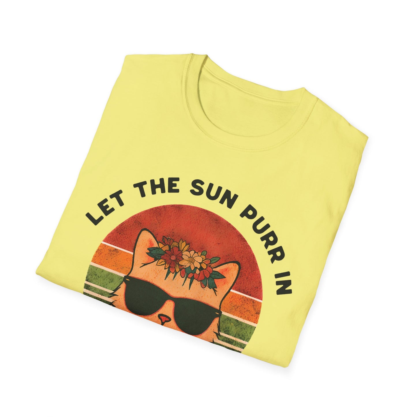 Let the Sun Purr In - Playful Vintage Sunset And A Cat in Sunglasses and Floral Crown T-Shirt