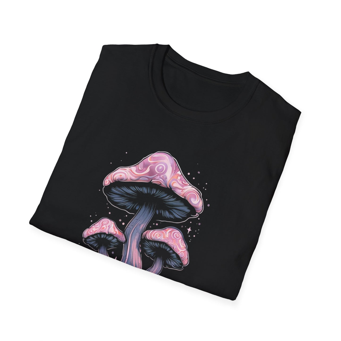 Trippy Times T-Shirt – Whimsical Glowing Pink Mushrooms Design