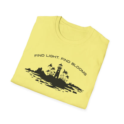 Find Light Find Blooms - Minimalistic Silhouette Lighthouse, Island, Palms and Florals T-Shirt