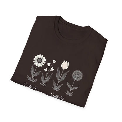 Still Growing Still Glowing T-Shirt - Minimalistic Flowers Line - Botanical Line Art Design