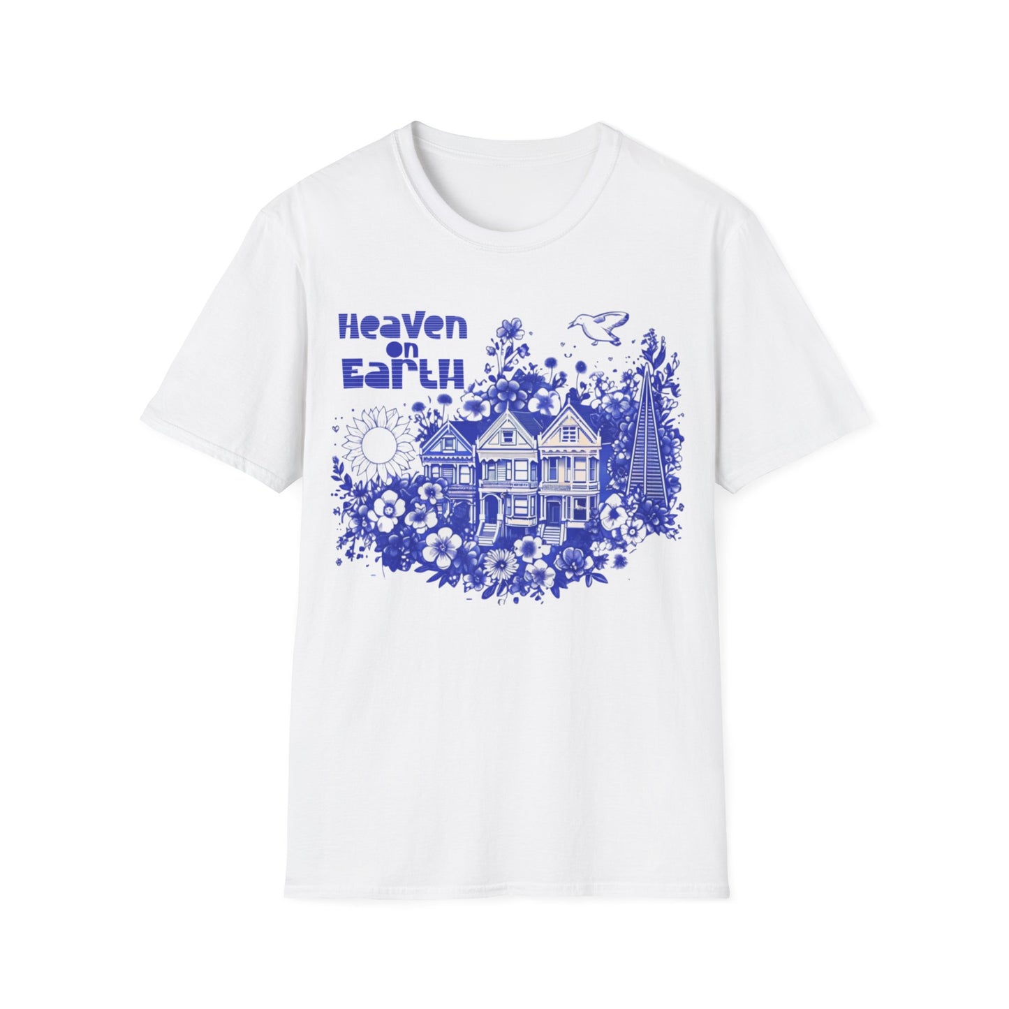 Heaven on Earth - Monochrome Blue Victorian House and Flowers T-Shirt