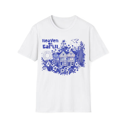 Heaven on Earth - Monochrome Blue Victorian House and Flowers T-Shirt