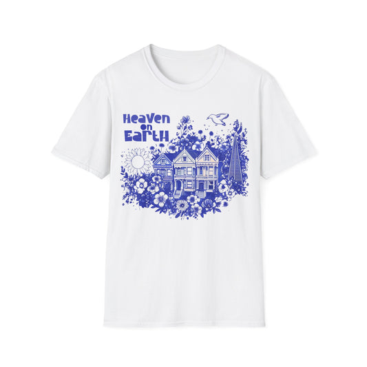 Heaven on Earth - Monochrome Blue Victorian House and Flowers T-Shirt