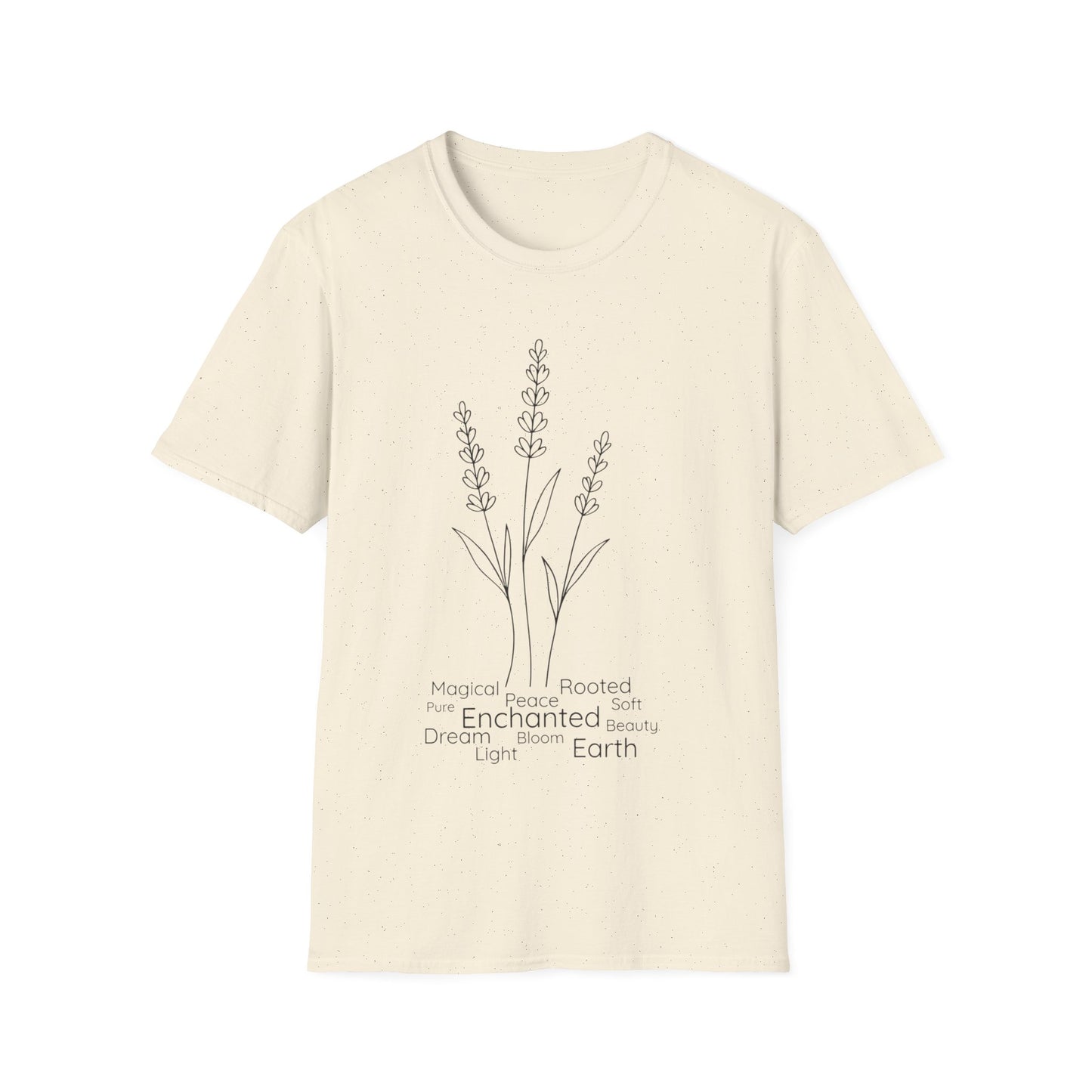Minimalist Line Drawing of Lavender T-Shirt - Scattered Typography Design