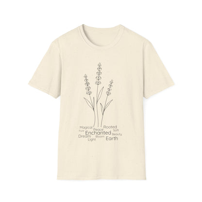 Minimalist Line Drawing of Lavender T-Shirt - Scattered Typography Design