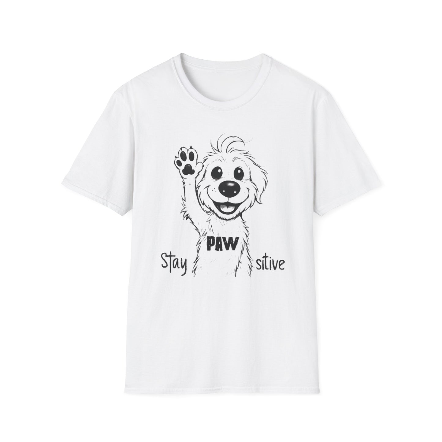 Stay Positive T-Shirt - Cartoon Playful Dog with Paw Raised High Design