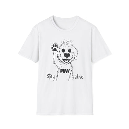 Stay Positive T-Shirt - Cartoon Playful Dog with Paw Raised High Design