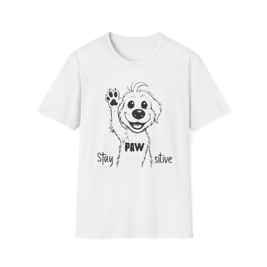 Stay Positive T-Shirt - Cartoon Playful Dog with Paw Raised High Design