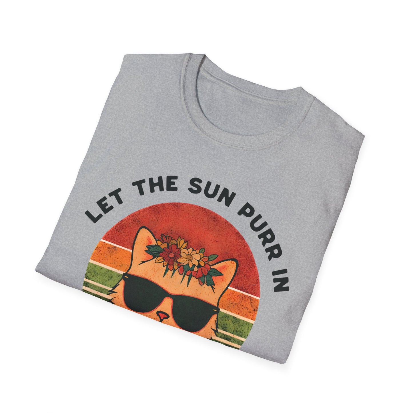 Let the Sun Purr In - Playful Vintage Sunset And A Cat in Sunglasses and Floral Crown T-Shirt