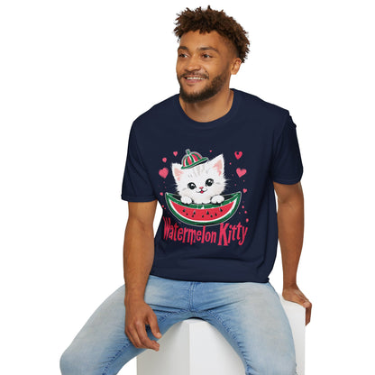 Watermelom Kitty - White Kitten in Watermelon Boat with Hearts  T-Shirt