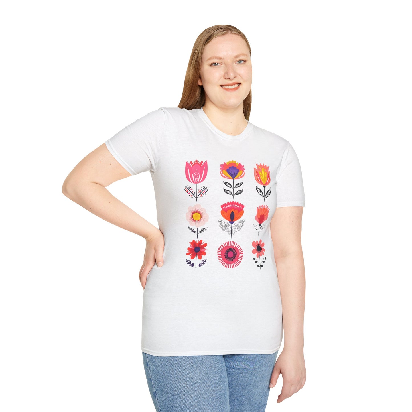 Vibrant Boho Grid Flowers T-Shirt
