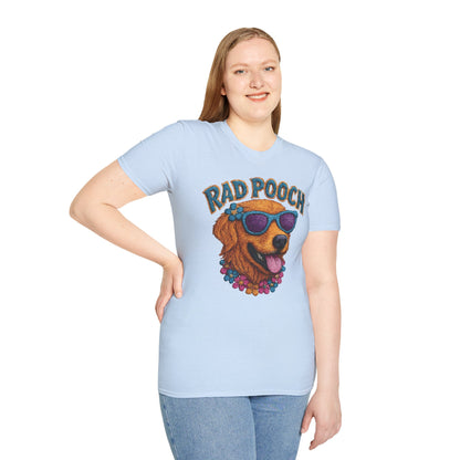 Rad Pooch – Embroidery-Like Style Cartoon Golden Retriever Dog With Floral T-Shirt