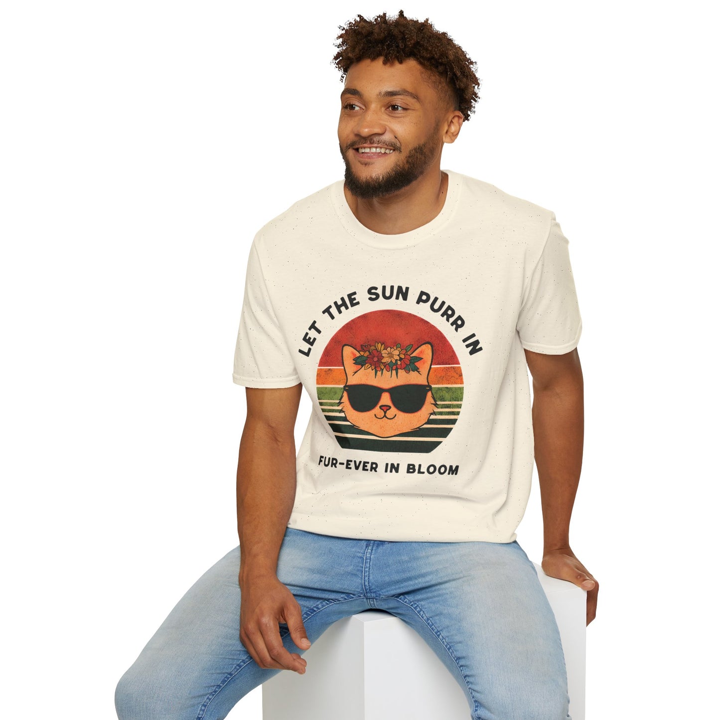 Let the Sun Purr In - Playful Vintage Sunset And A Cat in Sunglasses and Floral Crown T-Shirt
