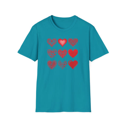 Grid of Different Red Heart Patterns T-Shirt