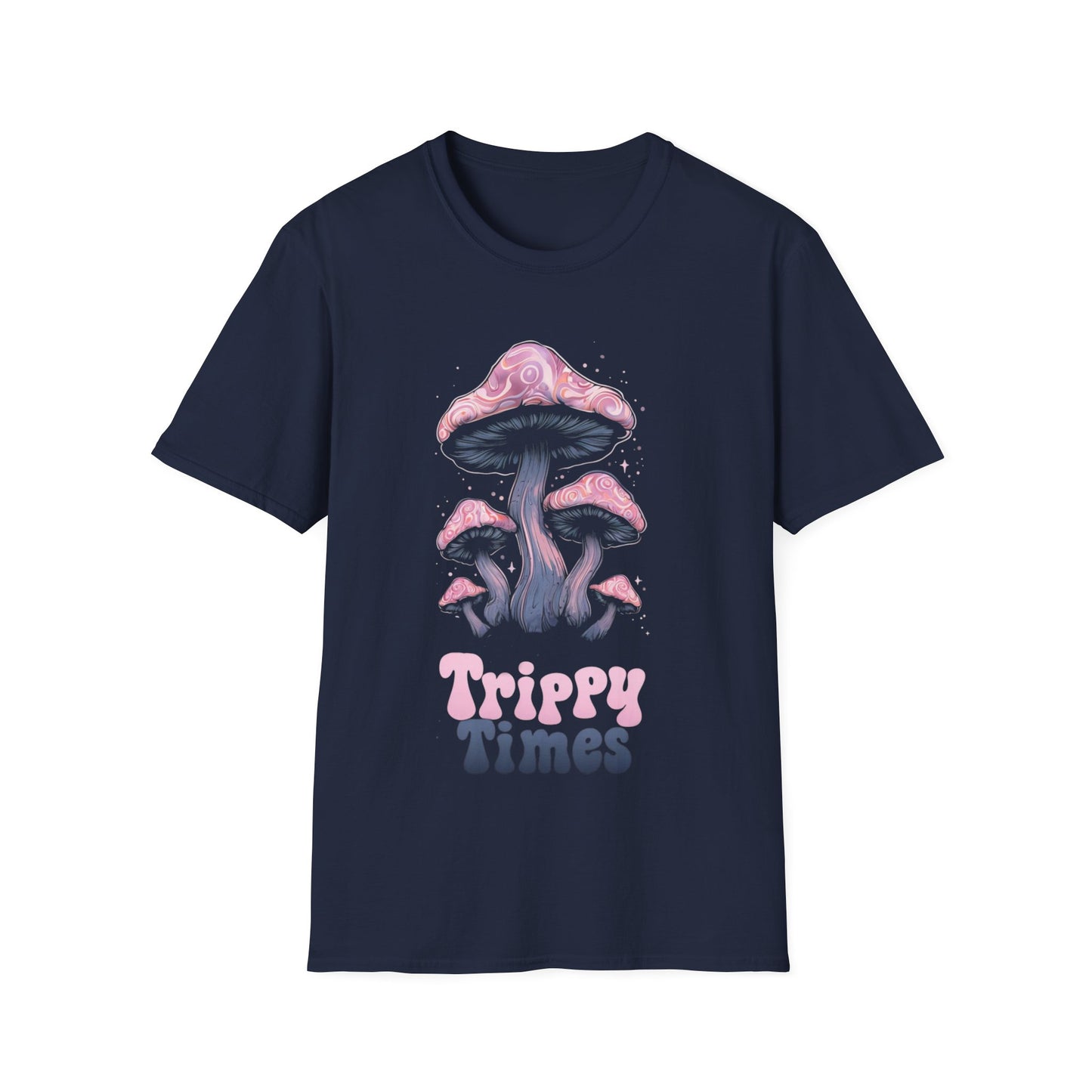 Trippy Times T-Shirt – Whimsical Glowing Pink Mushrooms Design