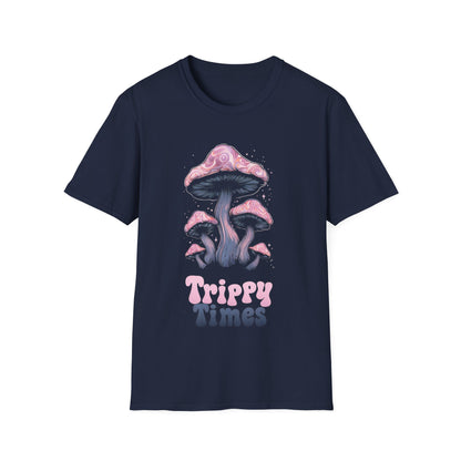Trippy Times T-Shirt – Whimsical Glowing Pink Mushrooms Design