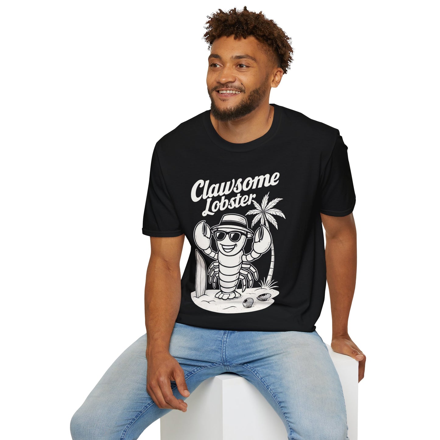 White Retro Clawsome Lobster T-Shirt - Lobster with Sunglasses Enjoying Beach Design