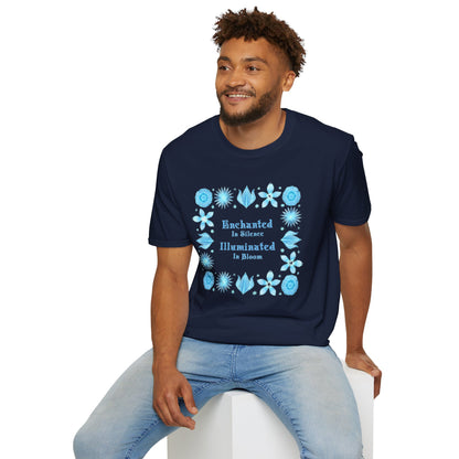 Enchanted in Silence, Illuminated in Bloom T-Shirt -Glowing Blue Floral Frame