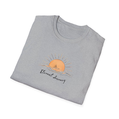 Eternal Journey T-Shirt - Minimalist Sun With Sailing Ship - Nature Scene Line Art Design