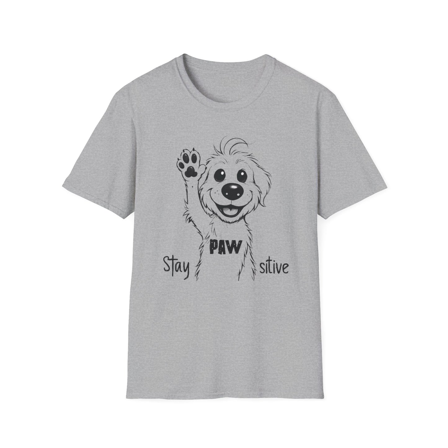 Stay Positive T-Shirt - Cartoon Playful Dog with Paw Raised High Design