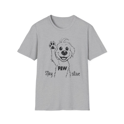 Stay Positive T-Shirt - Cartoon Playful Dog with Paw Raised High Design