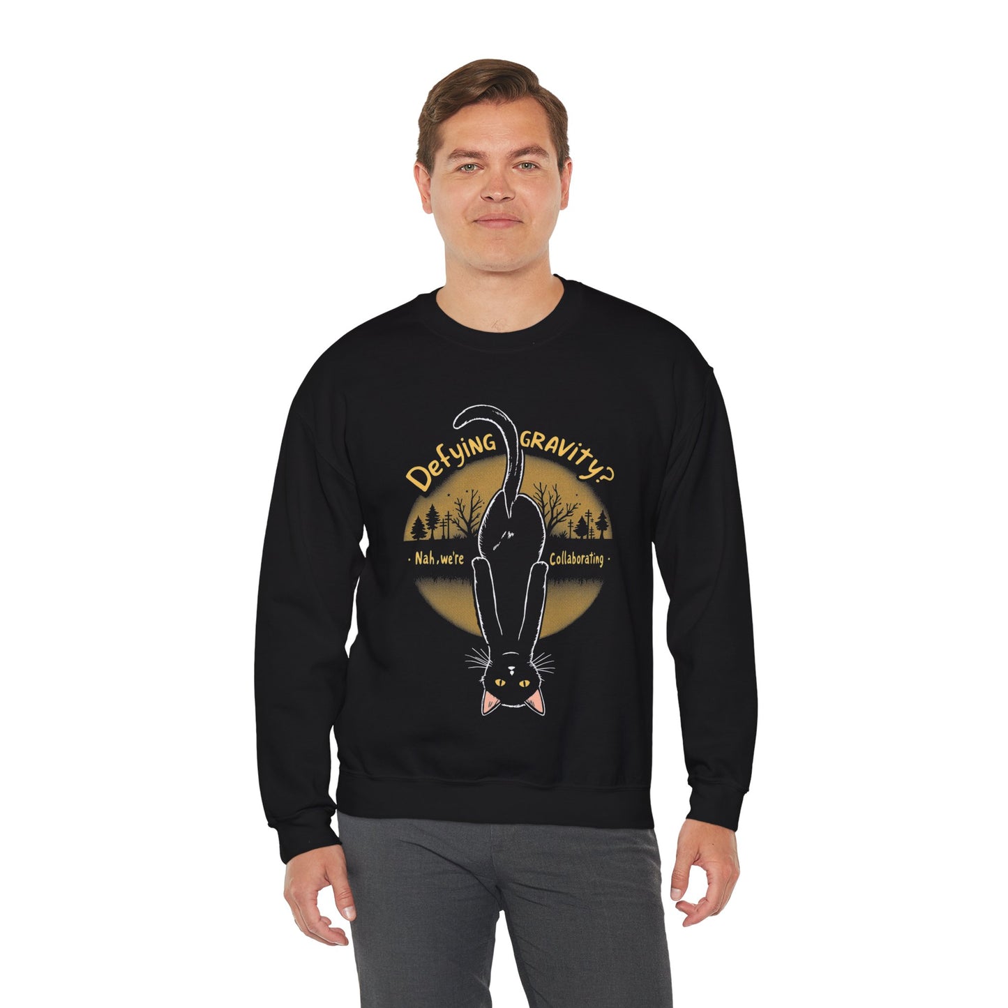 Defying Gravity, Nah, We Are Collaborating - Playful Cat Upside Down Sweatshirt