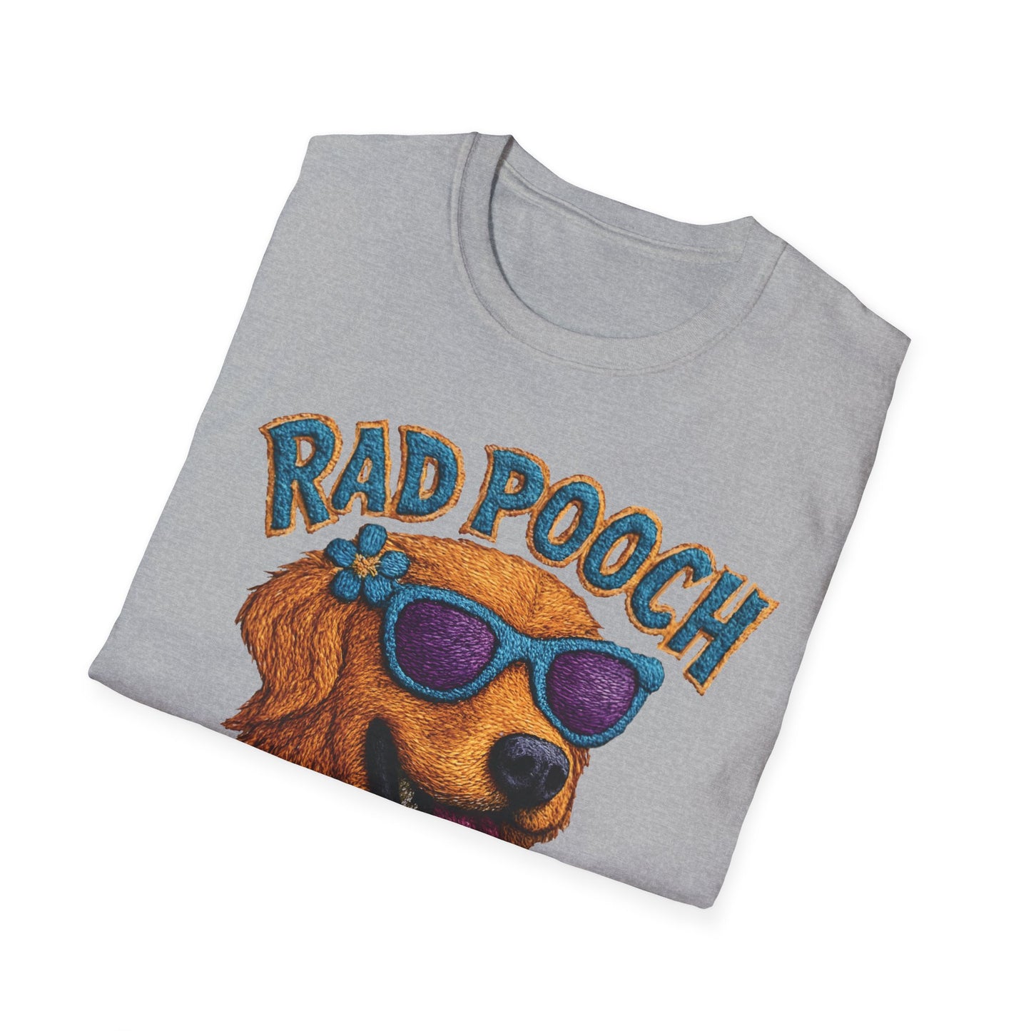 Rad Pooch – Embroidery-Like Style Cartoon Golden Retriever Dog With Floral T-Shirt