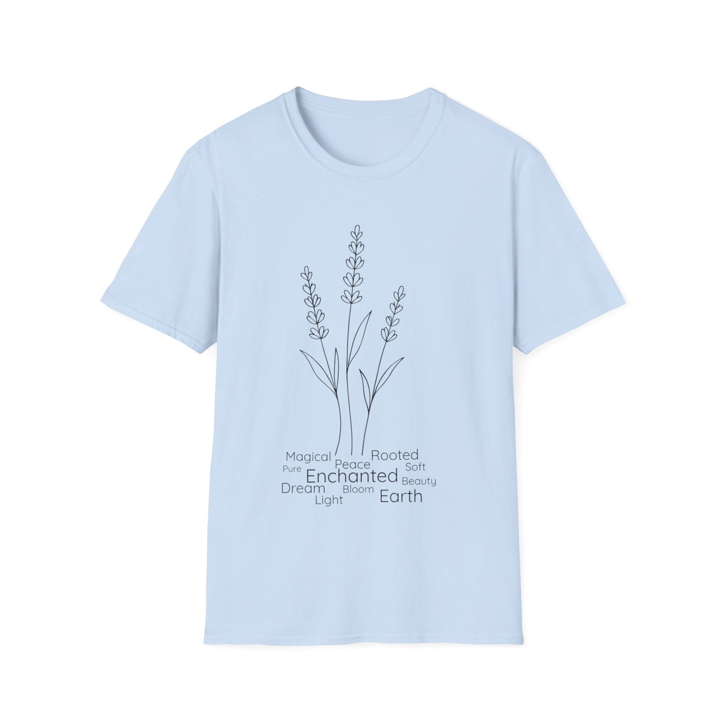 Minimalist Line Drawing of Lavender T-Shirt - Scattered Typography Design