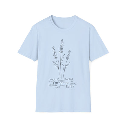 Minimalist Line Drawing of Lavender T-Shirt - Scattered Typography Design