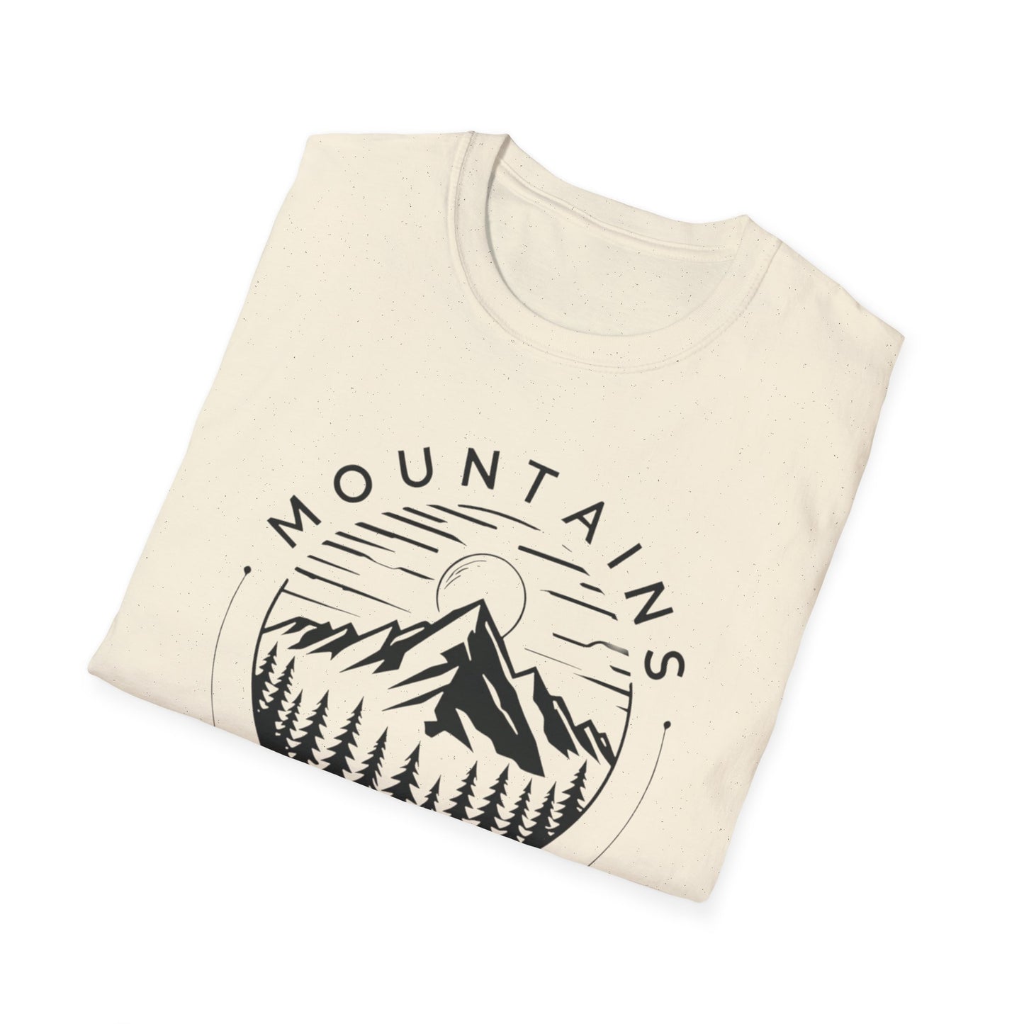 Mountains Call T-Shirt – Circular Nature Scene with Mountains, Trees & Sun Design