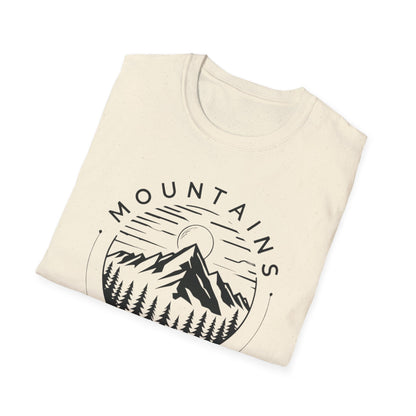 Mountains Call T-Shirt – Circular Nature Scene with Mountains, Trees & Sun Design