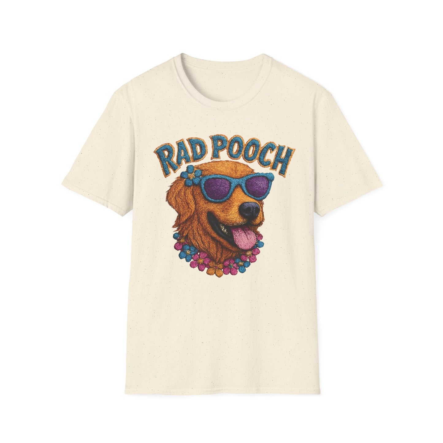 Rad Pooch – Embroidery-Like Style Cartoon Golden Retriever Dog With Floral T-Shirt