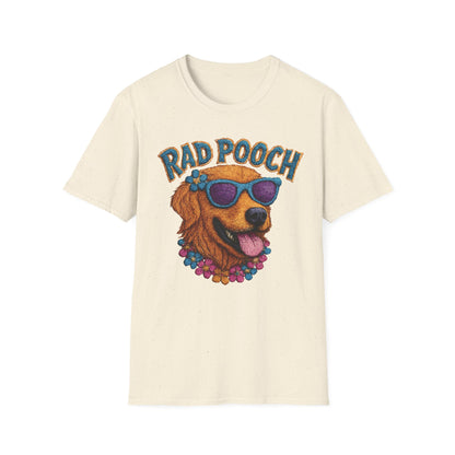 Rad Pooch – Embroidery-Like Style Cartoon Golden Retriever Dog With Floral T-Shirt