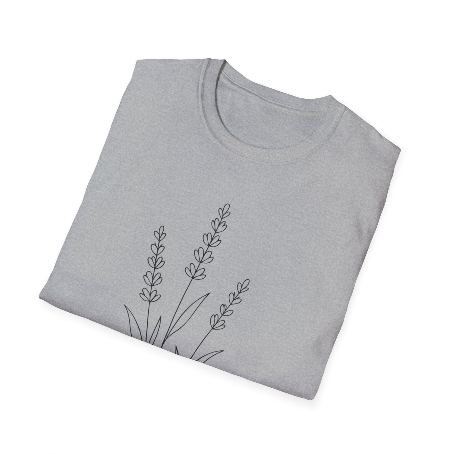 Minimalist Line Drawing of Lavender T-Shirt - Scattered Typography Design