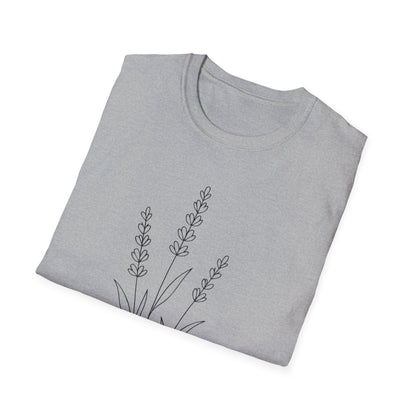 Minimalist Line Drawing of Lavender T-Shirt - Scattered Typography Design