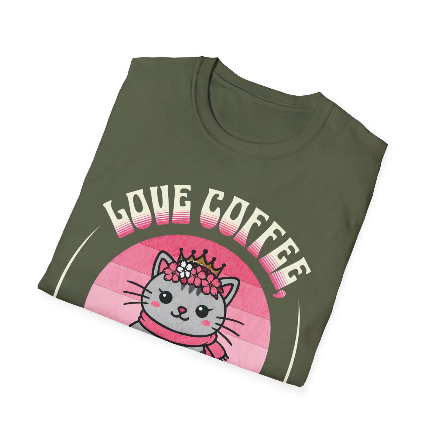 Love Coffee, Flowers and Sunset T-Shirt - Cute Cartoon Cat with Coffee Mug and Floral Crown Pink Sunset Design
