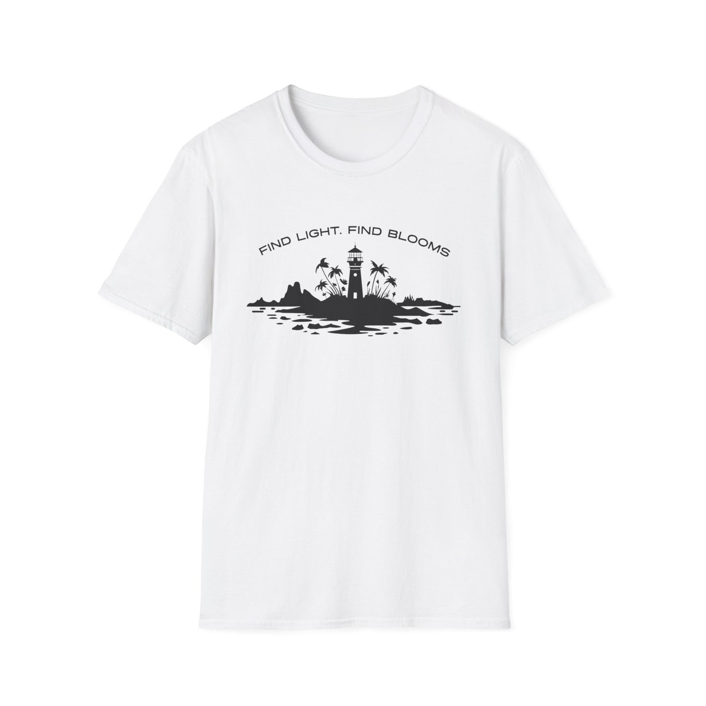 Find Light Find Blooms - Minimalistic Silhouette Lighthouse, Island, Palms and Florals T-Shirt
