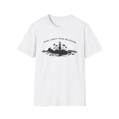 Find Light Find Blooms - Minimalistic Silhouette Lighthouse, Island, Palms and Florals T-Shirt