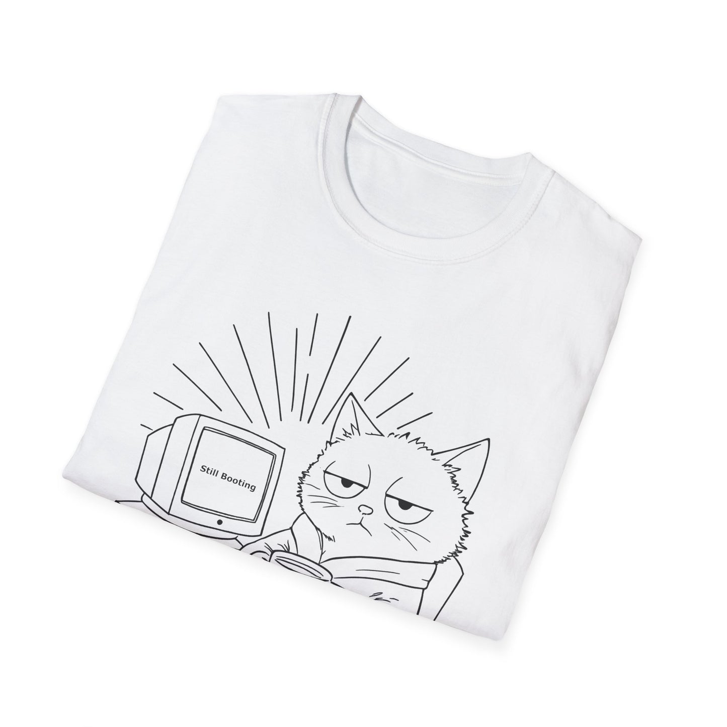 Not A Morning Cat Still Booting T-Shirt -  Sleepy Cartoon Cat in Robe with Coffee Mug and A Computer In the Morning  Design