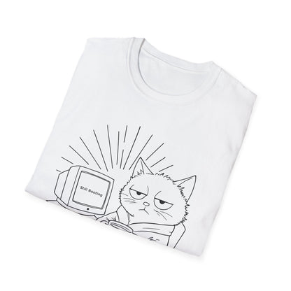 Not A Morning Cat Still Booting T-Shirt -  Sleepy Cartoon Cat in Robe with Coffee Mug and A Computer In the Morning  Design