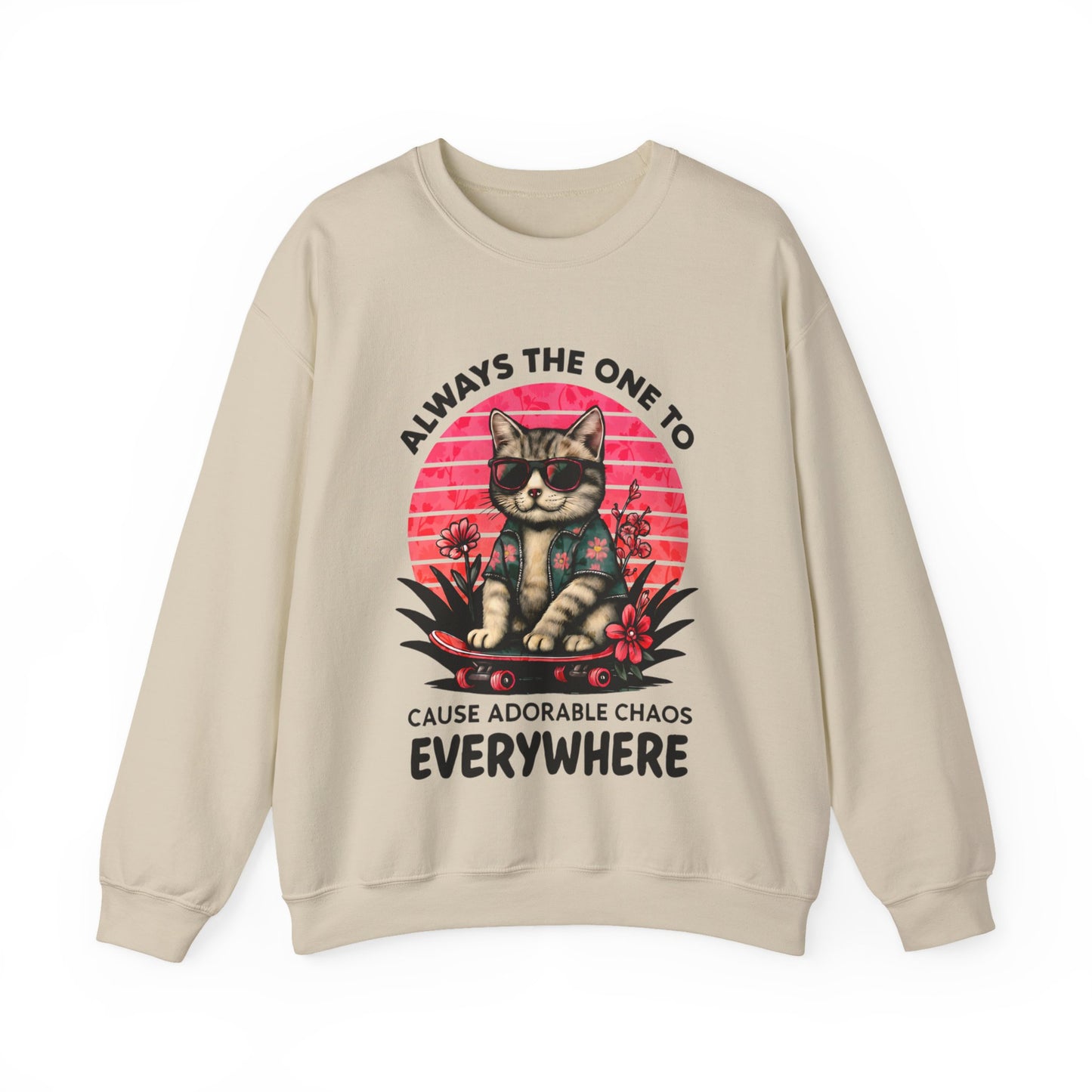 Always The One To Cause Adorable Chaos Everywhere - Vibrant Sunset Playful Cat on Skateboard Sweatshirt