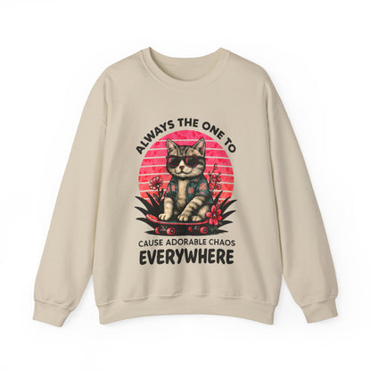 Always The One To Cause Adorable Chaos Everywhere - Vibrant Sunset Playful Cat on Skateboard Sweatshirt