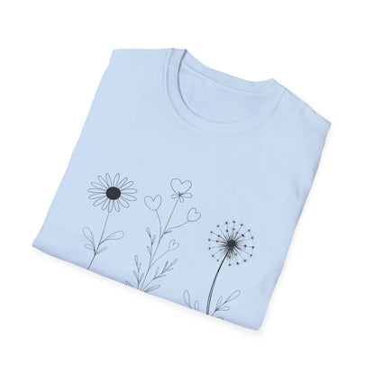 Bloom Softly Dream Widely T-Shirt - Minimalistic Flowers Outline - Botanical Line Art Design