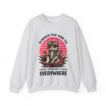 Always The One To Cause Adorable Chaos Everywhere - Vibrant Sunset Playful Cat on Skateboard Sweatshirt