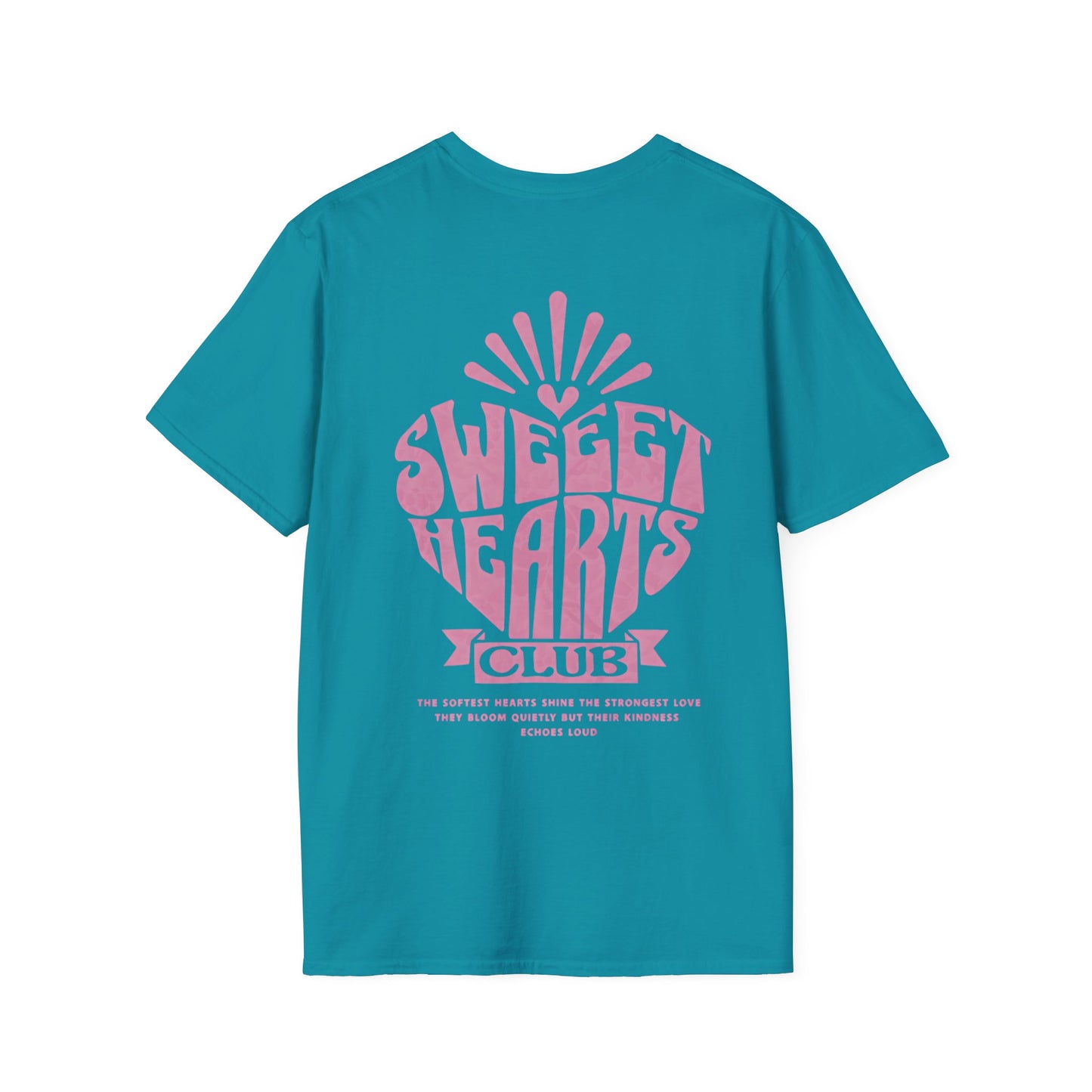 Sweet Hearts Club T-Shirt –  Typography Framed Inside A Heart Frame with Botanical Pattern Front And Back Design